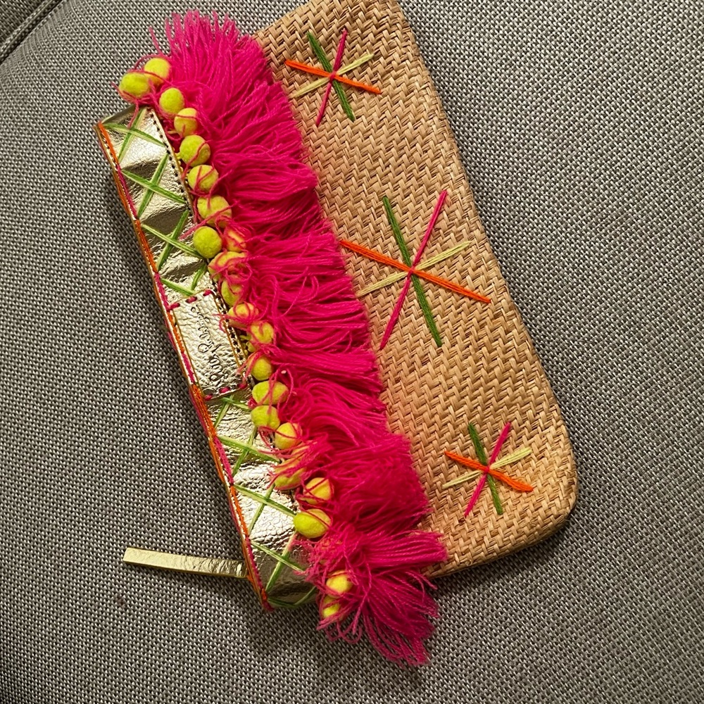 Lilly Pulitzer Pink and Green Woven Clutch with Fringe and Embroidery